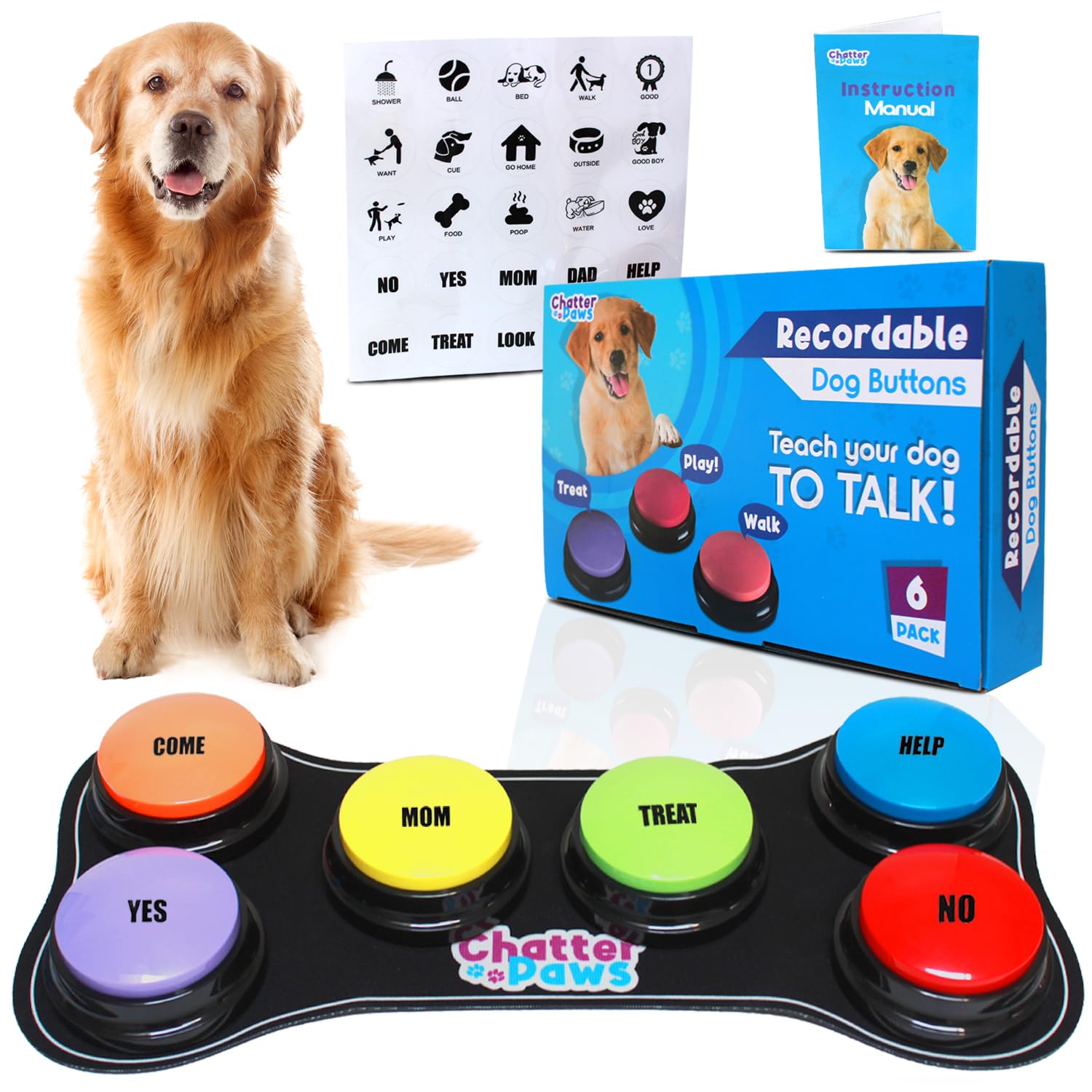 Dog Talking Button Set — 6 Pack with Mat & Scene Stickers