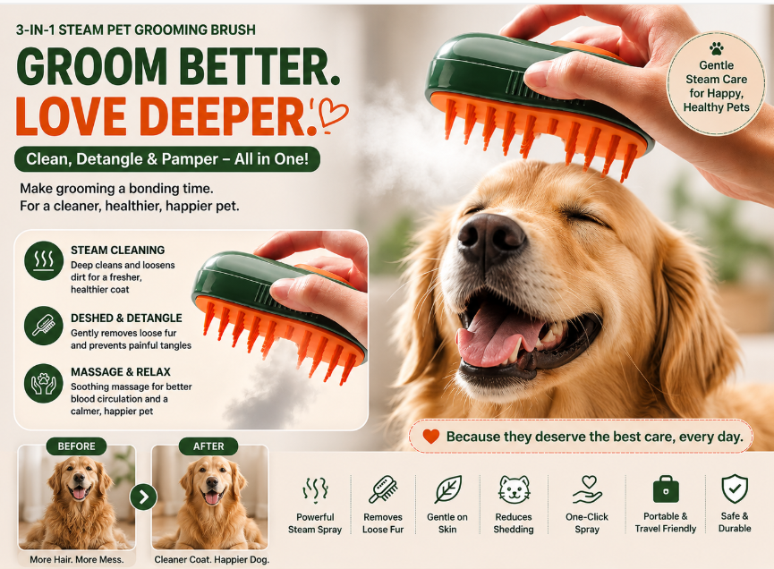 3-in-1 Steam Pet Grooming Brush — Deshed, Detangle & Massage